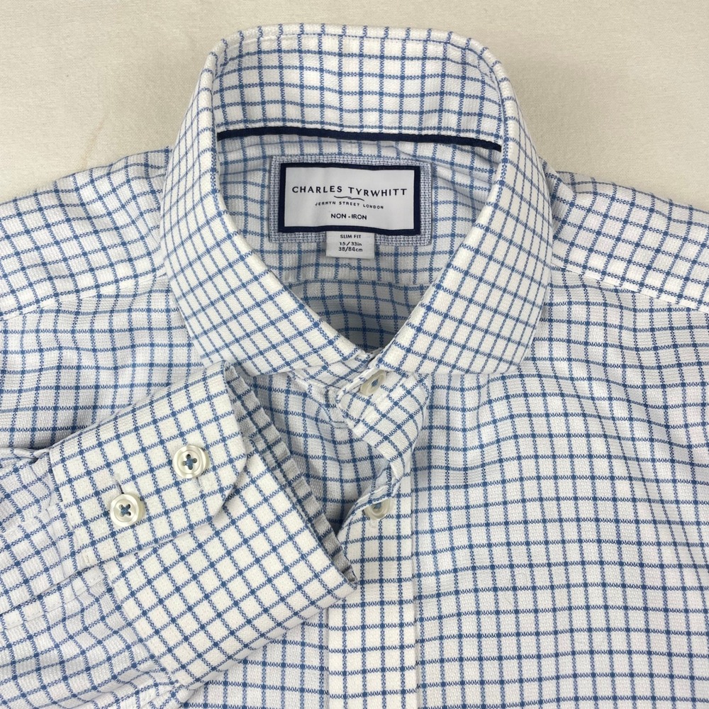 Charles Tyrwhitt Mens Slim Fit Non-Iron Dress Shirt Blue White Grid Check 15/33